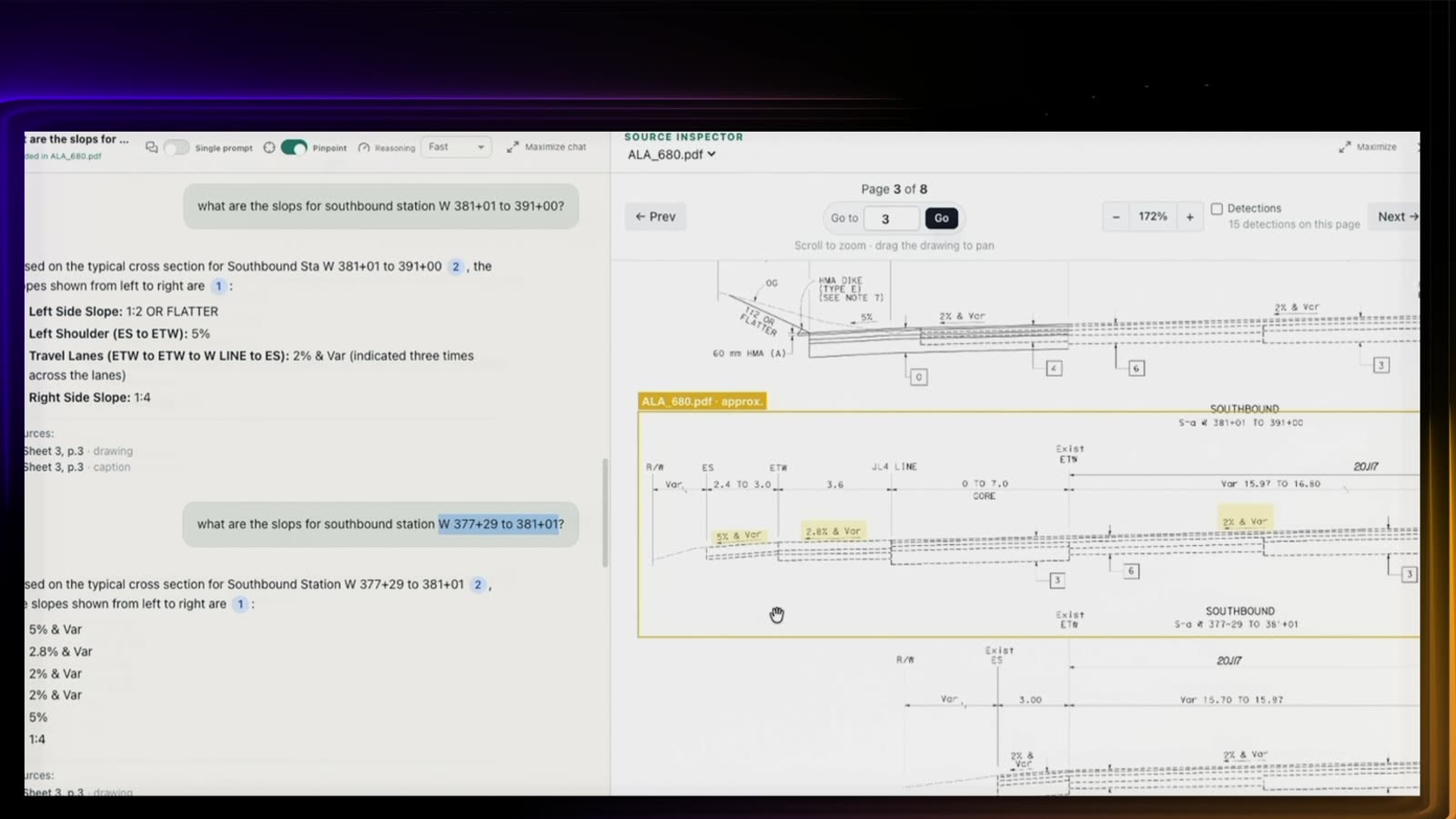 The Mapinex interface answering a question about southbound roadway slopes, with the cited regions highlighted directly on the drawing sheet.